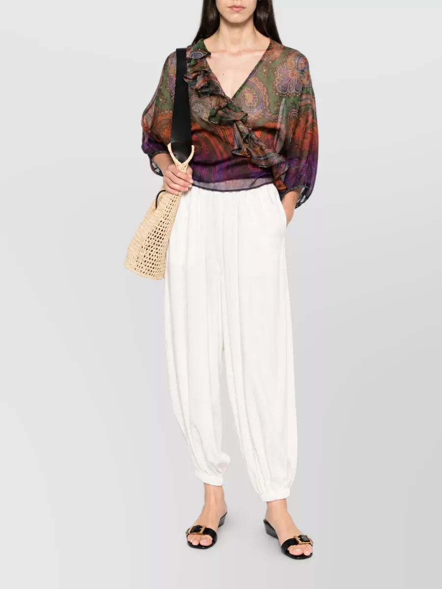 Etro Silk Paisley-Print Ruffled Wrap Blouse