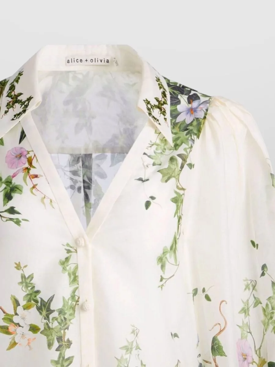 Alice + Olivia Silk Floral-Print V-Neck Long-Sleeve Blouse
