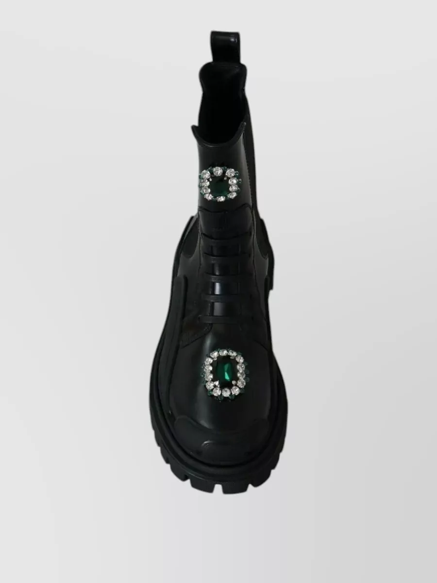 Dolce&Gabbana Leather Crystal-Embellished Combat Boots