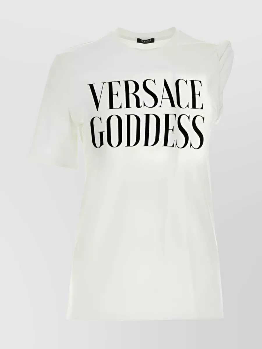 Shop Versace Goddess Slogan Print Twist Sleeve T-shirt In White