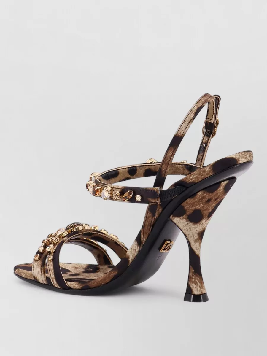 Dolce & Gabbana Satin Sandals Animal Motif Rhinestone Straps Heel In Brown