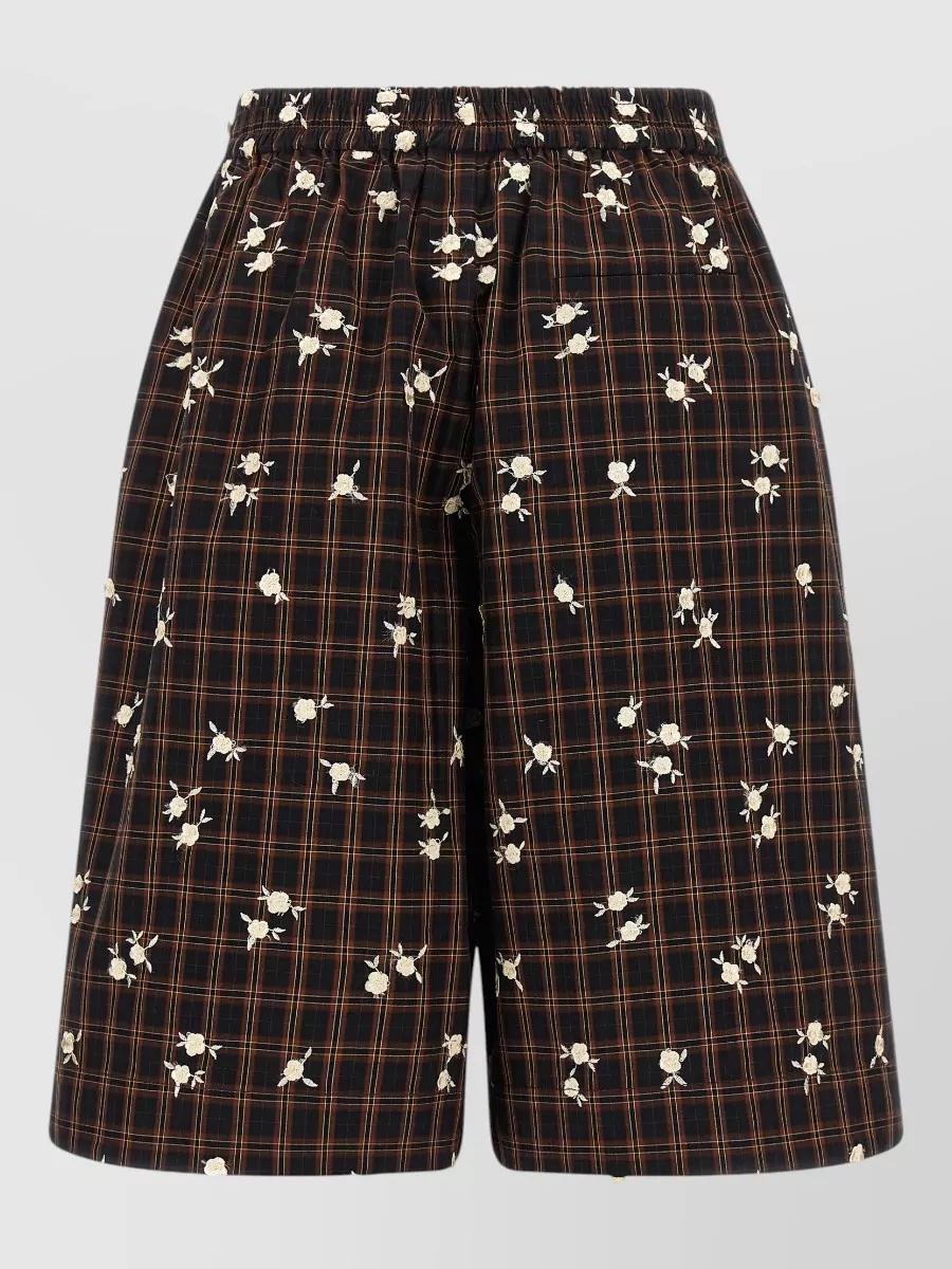 Ganni Checked floral-embroidered wide-leg bermuda shorts