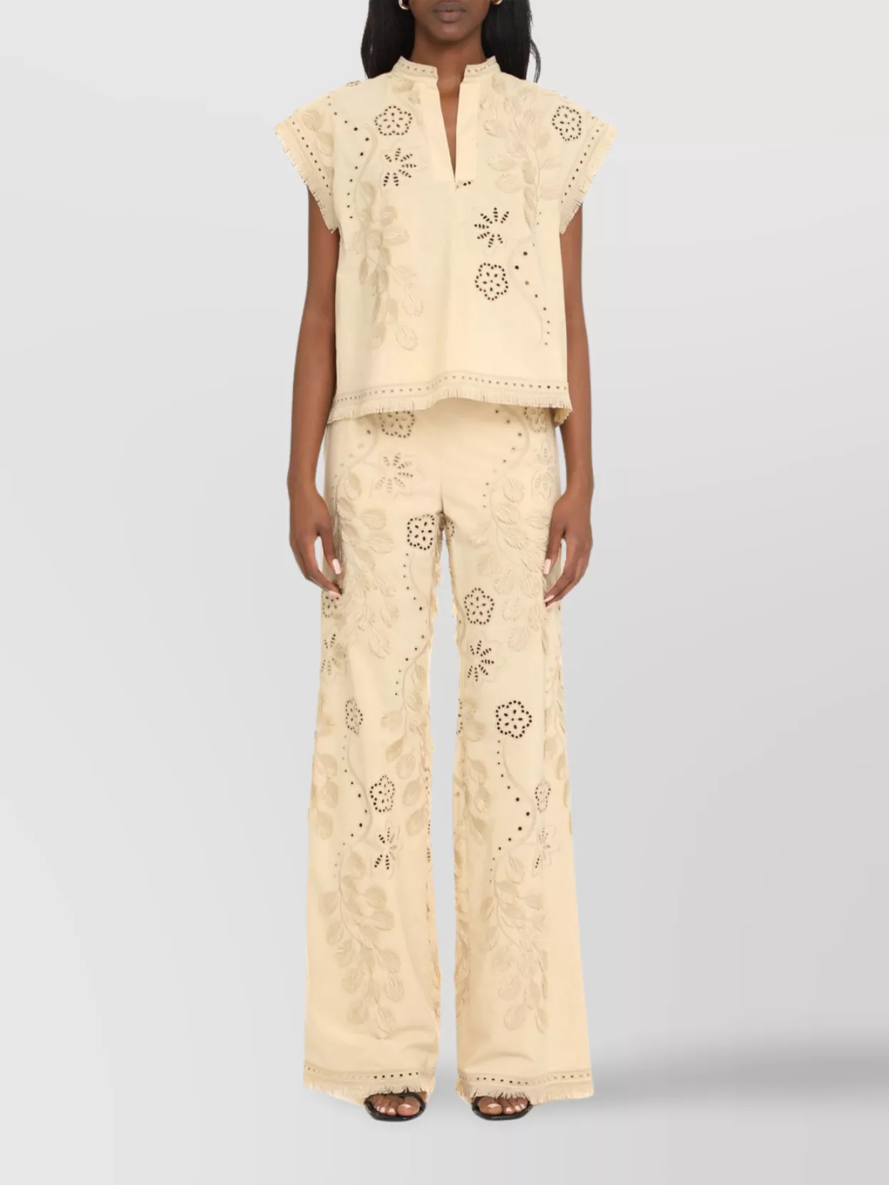 Alberta Ferretti Cotton Trousers Embroidered Frayed Hem In Neutral