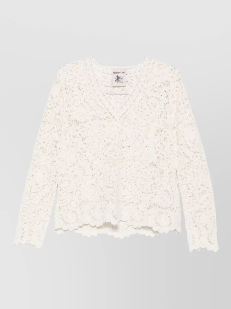 Semicouture lace-knit v-neck long-sleeve knitted top