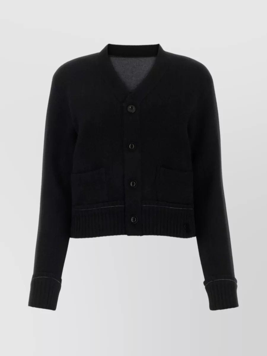 Shop Sacai V Neck Cropped Cardigan With Snap Buttoned Slits And Ribbed Accents In Black