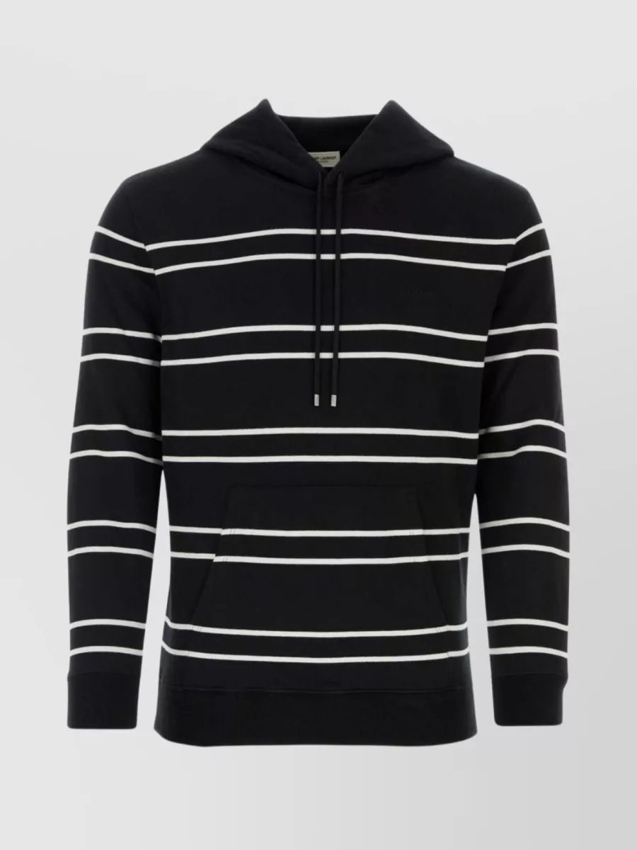 Shop Saint Laurent Striped Cotton Pullover With Embroidered Hood In Black