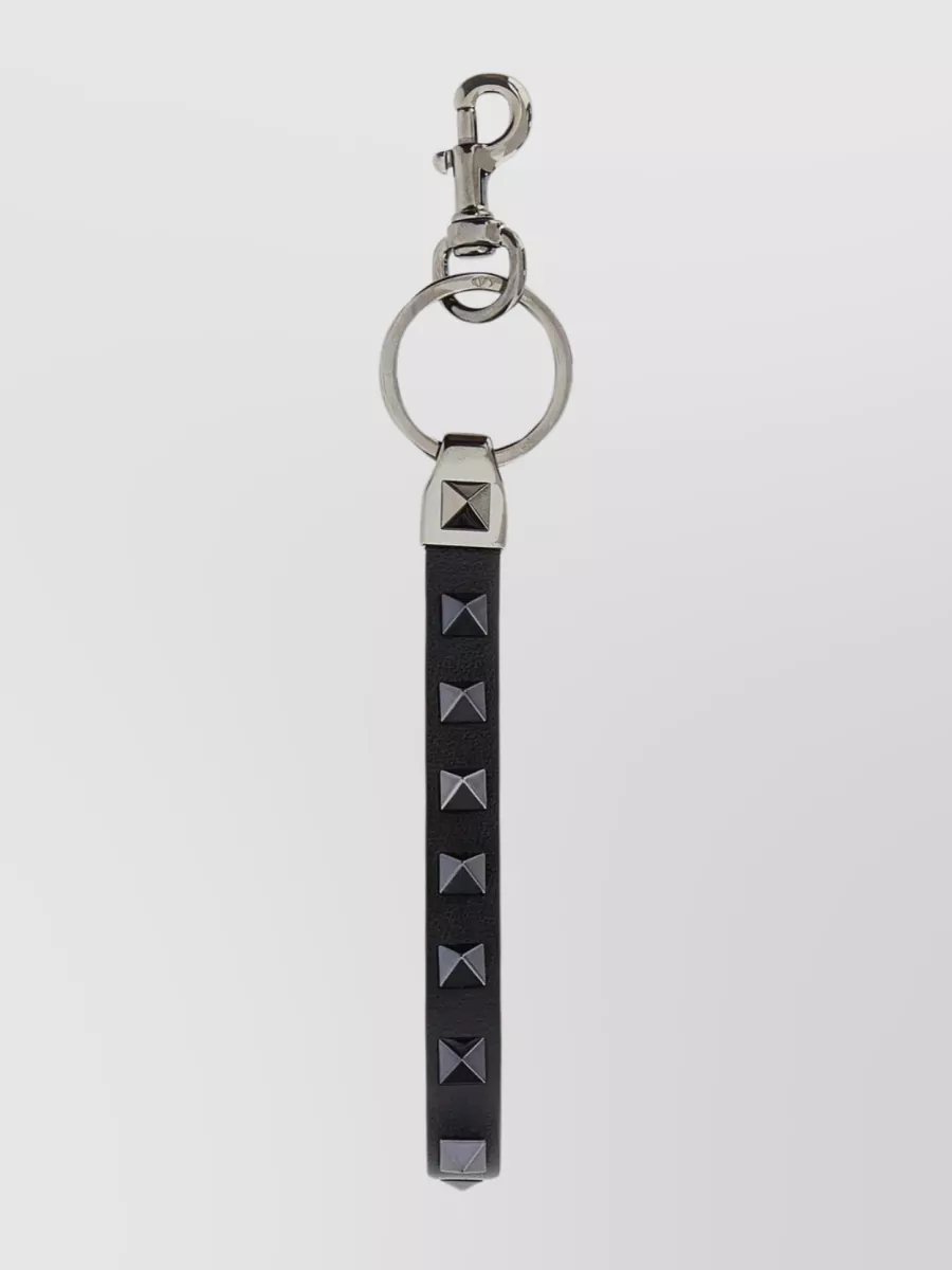 Shop Valentino Pebble Leather Keychain With Metal Studs In Black