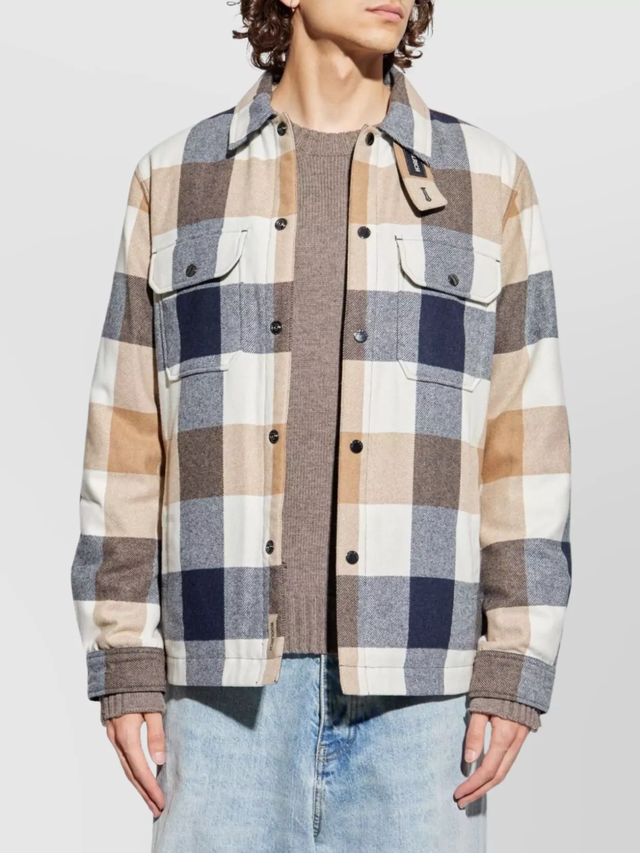 Woolrich Checked Wool Blend Shirt Jacket With Chest Pockets In Neutral