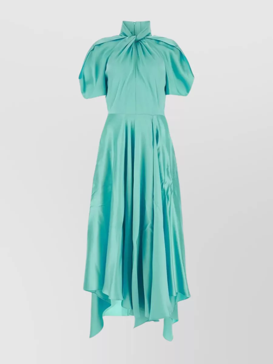 Shop Stella Mccartney Puff Sleeves Asymmetric Satin Dress In Cyan