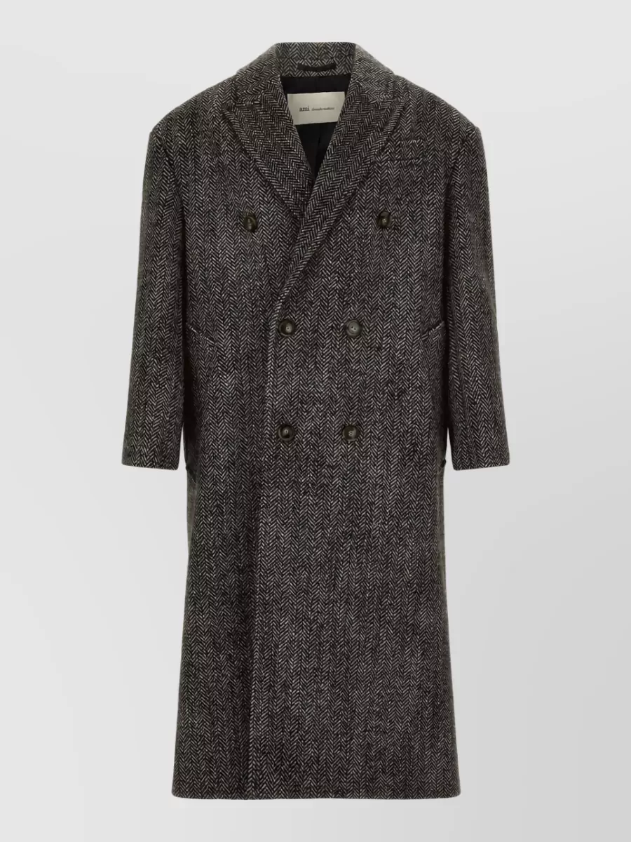 Ami Paris Virgin Wool Herringbone Double-Breasted Coat