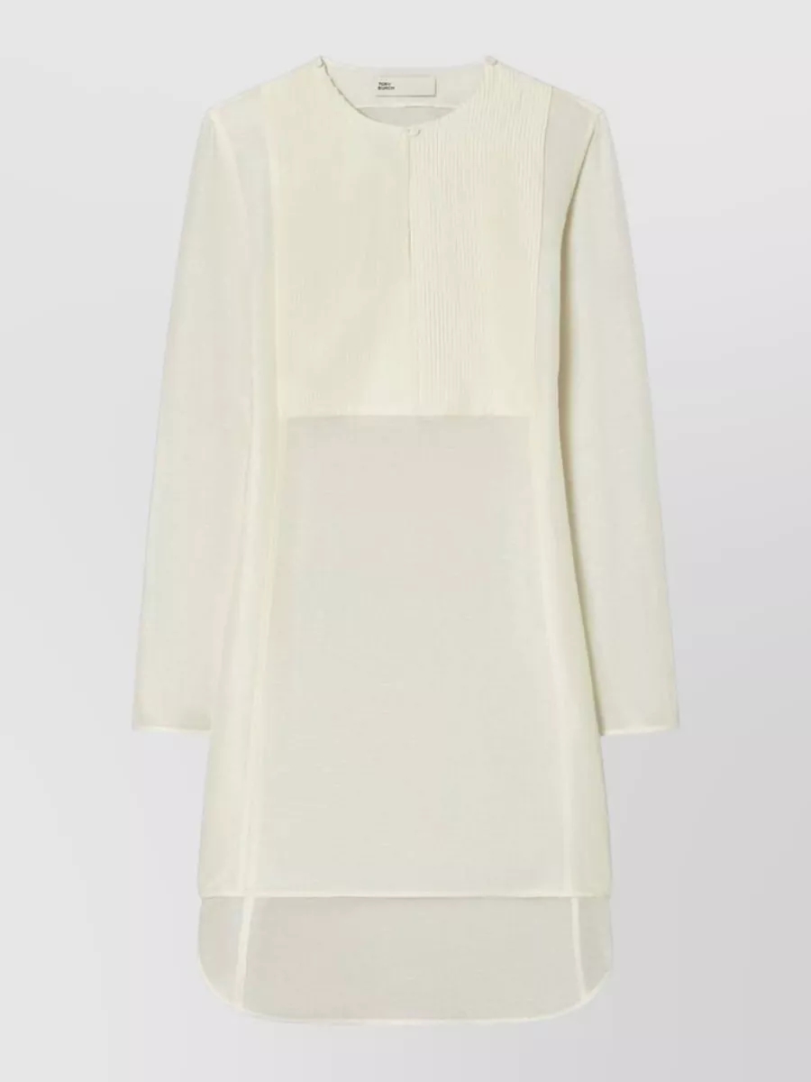 Tory Burch Linen silk pleated long-sleeve round-neck high-low knee-length dress