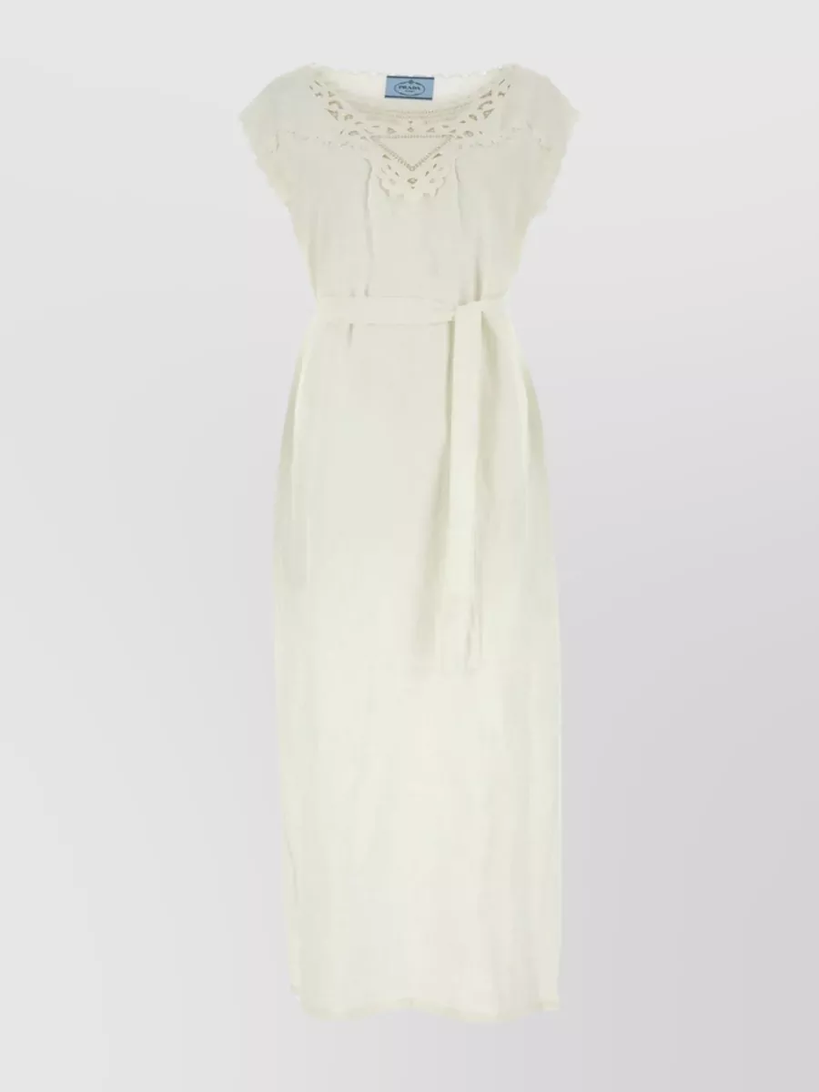 Shop Prada Linen Dress With Delicate Lace Accents In Cream