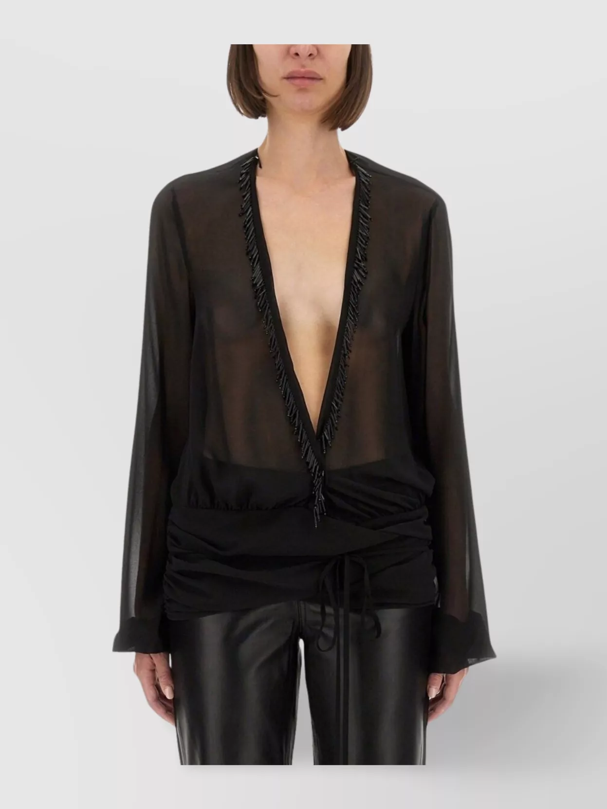 Attico Fringe Detailing Georgette Blouse With Ruched Waist