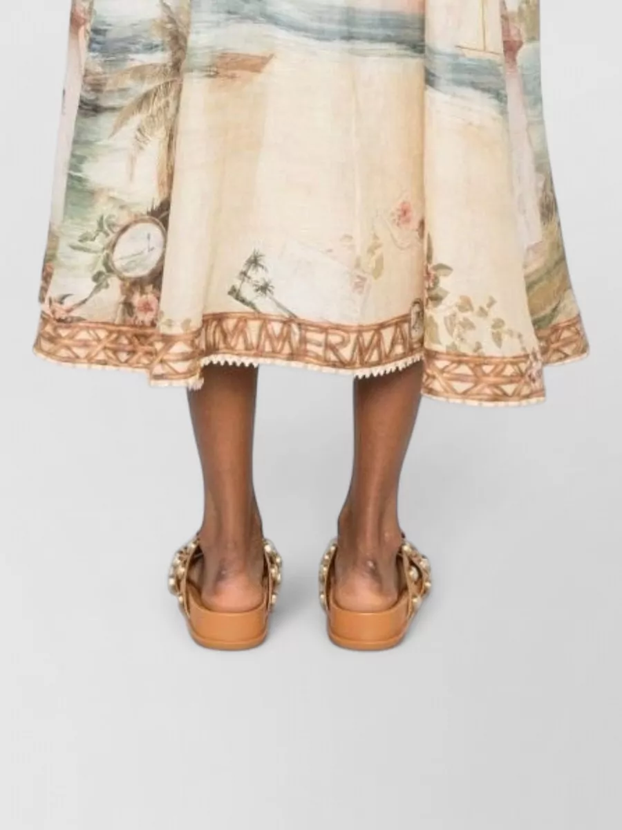 Zimmermann Linen Map-Print Tie-Strap Midi Dress