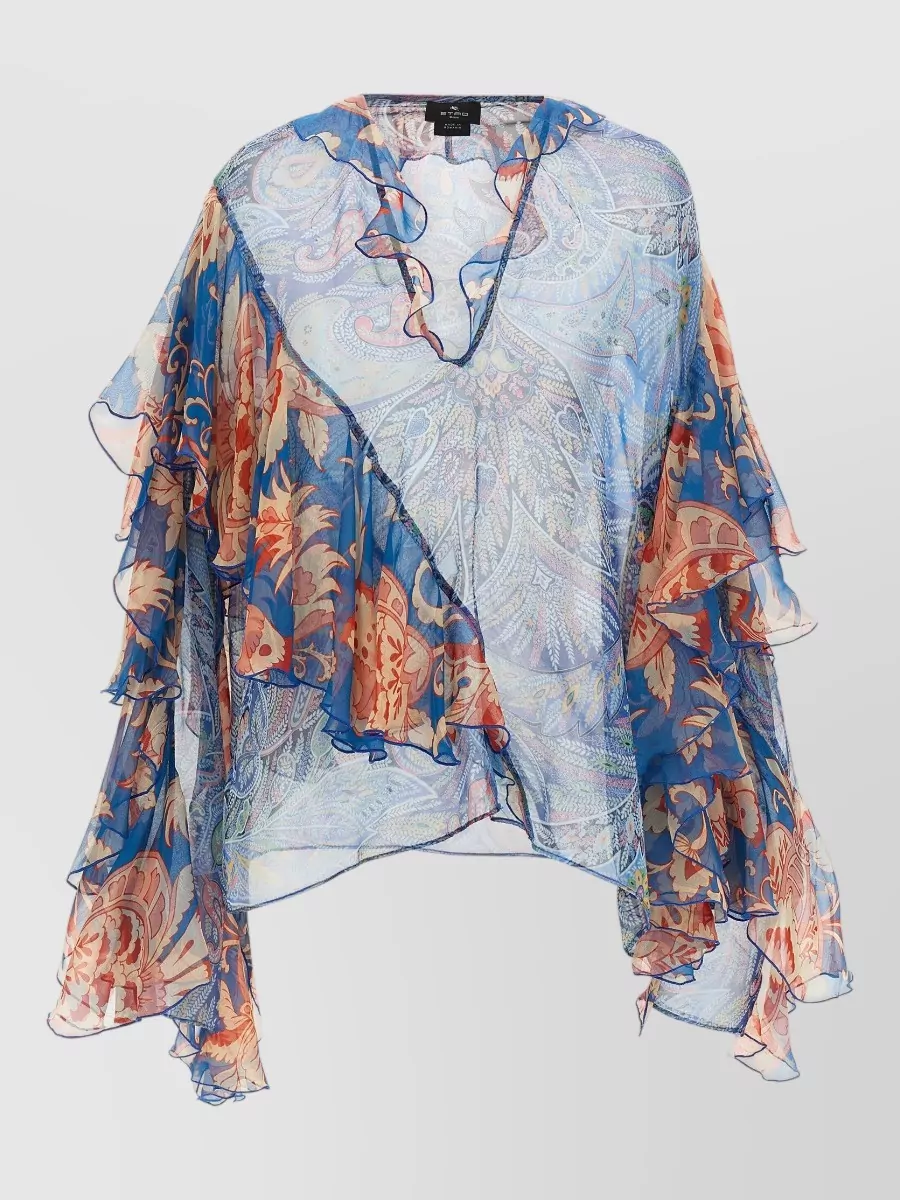 Etro silk floral-print ruffled v-neck long-sleeve blouse