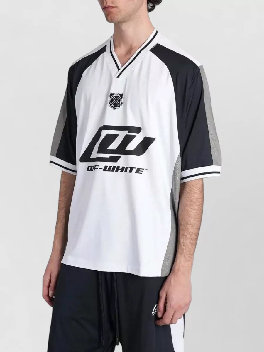 Off-White Logo Print V-Neck Short-Sleeve Mesh Panel T-Shirt