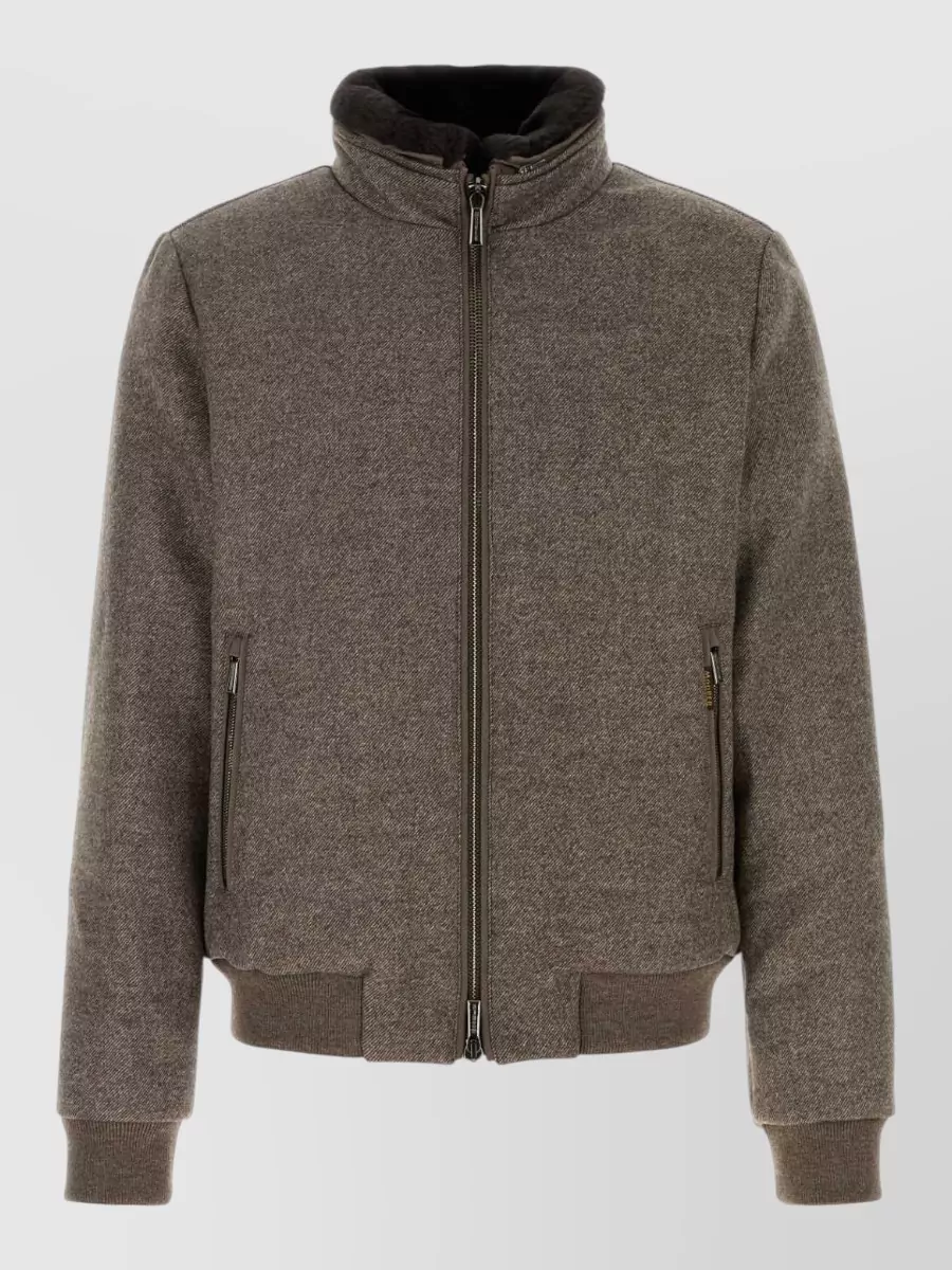 Moorer Wool Bellati Bomber Jacket High Collar In Brown