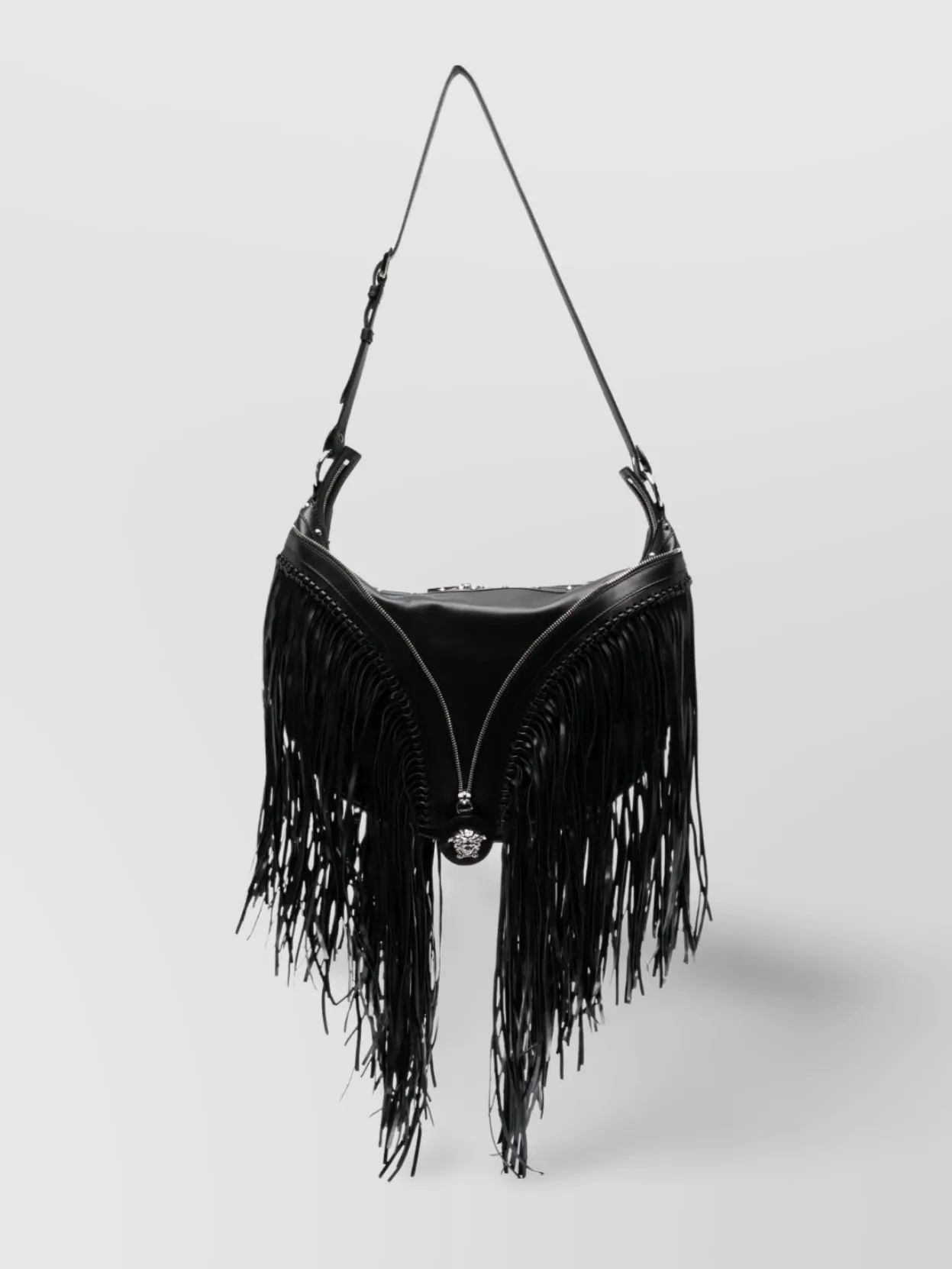 Versace Leather Fringe Shoulder Bag In Black