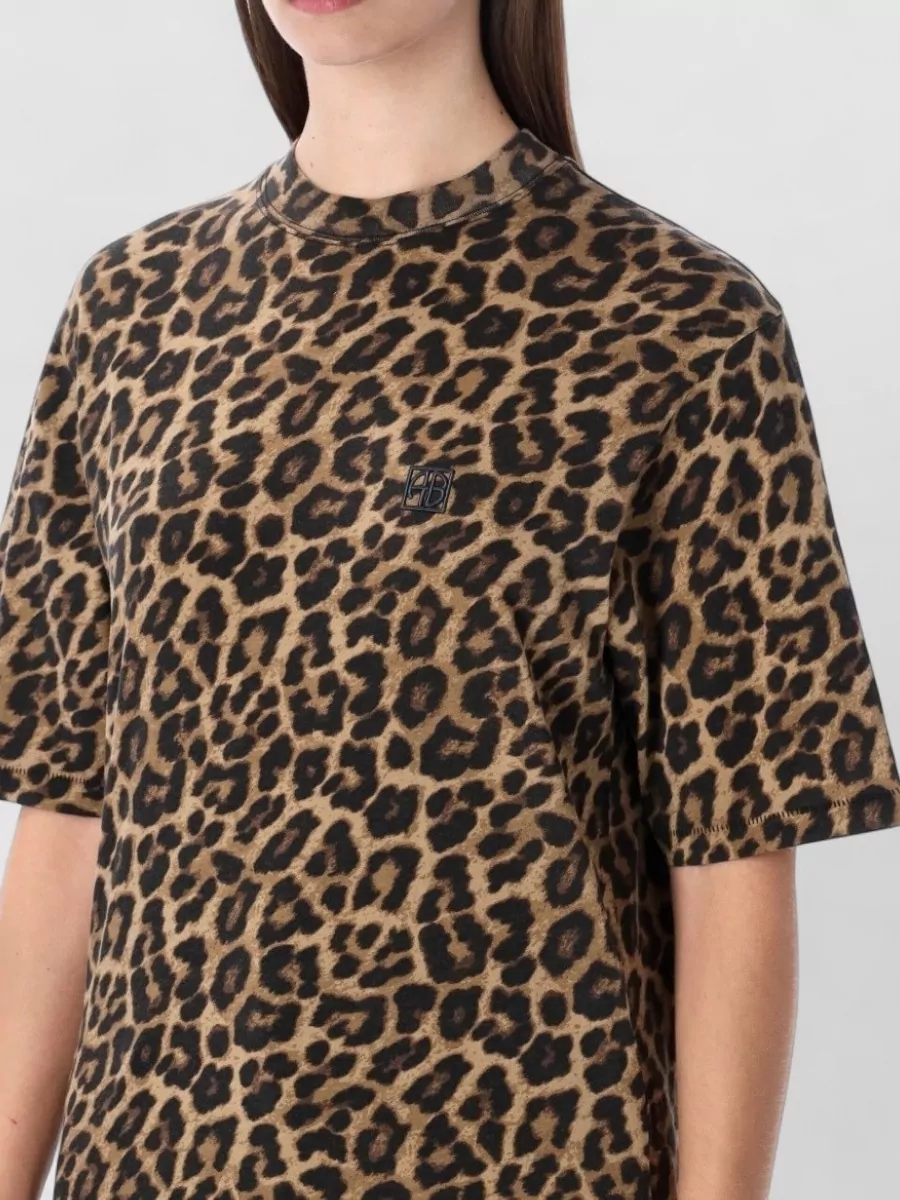 Anine Bing Animal Print Short Sleeve Crew Neck Top