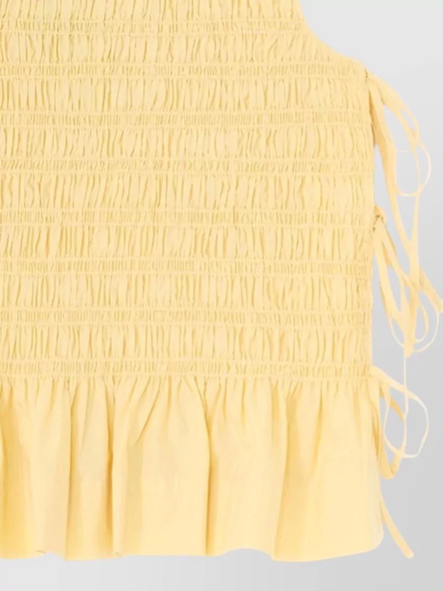 Ganni Smocked Organic Cotton Scoop Neck Ruffled Blouse