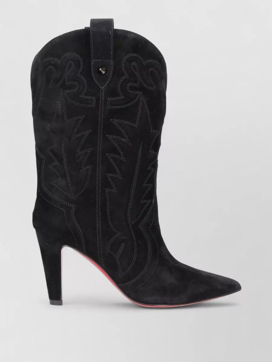 Christian Louboutin Embroidered Suede Ankle Boots Pointed Toe Pull Tabs