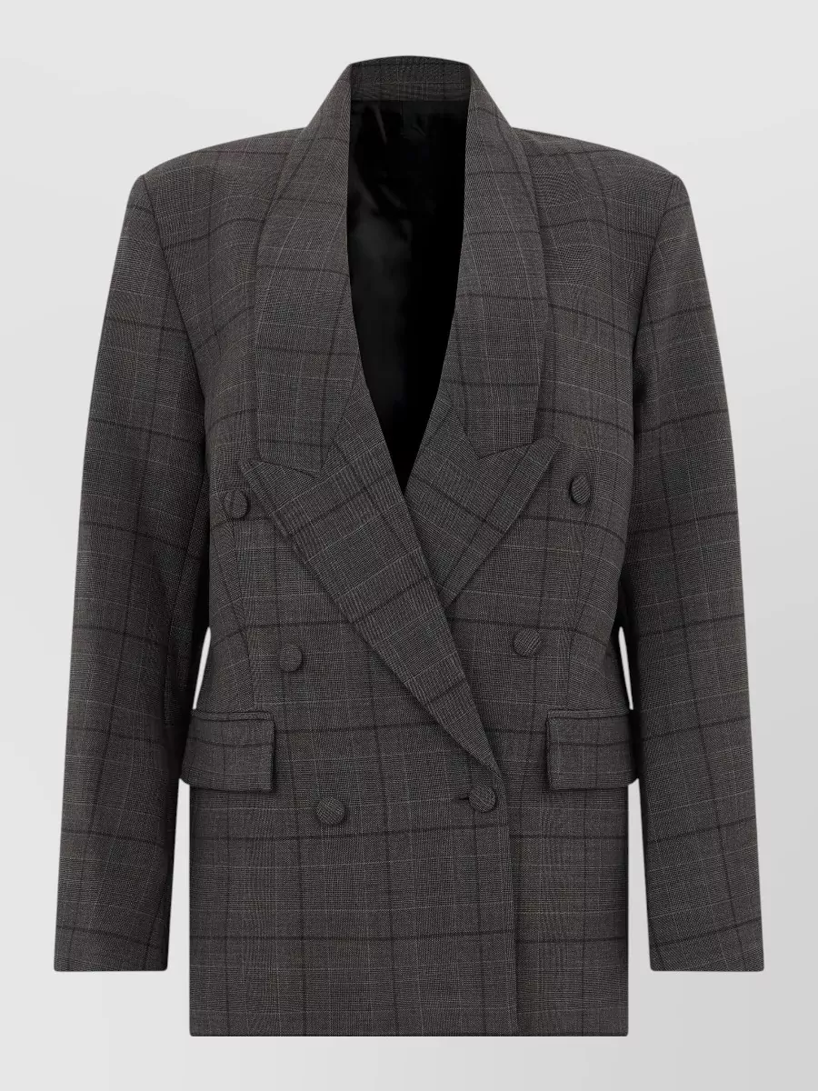 Coperni Virgin wool double-breasted blazer — Coperni’s structured charcoal check blazer mirrors the trouser’s tailored, quiet-luxury mood and grey palette while its sharp double-breasted cut balances the high-waisted wide leg with a strong, modern shoulder.