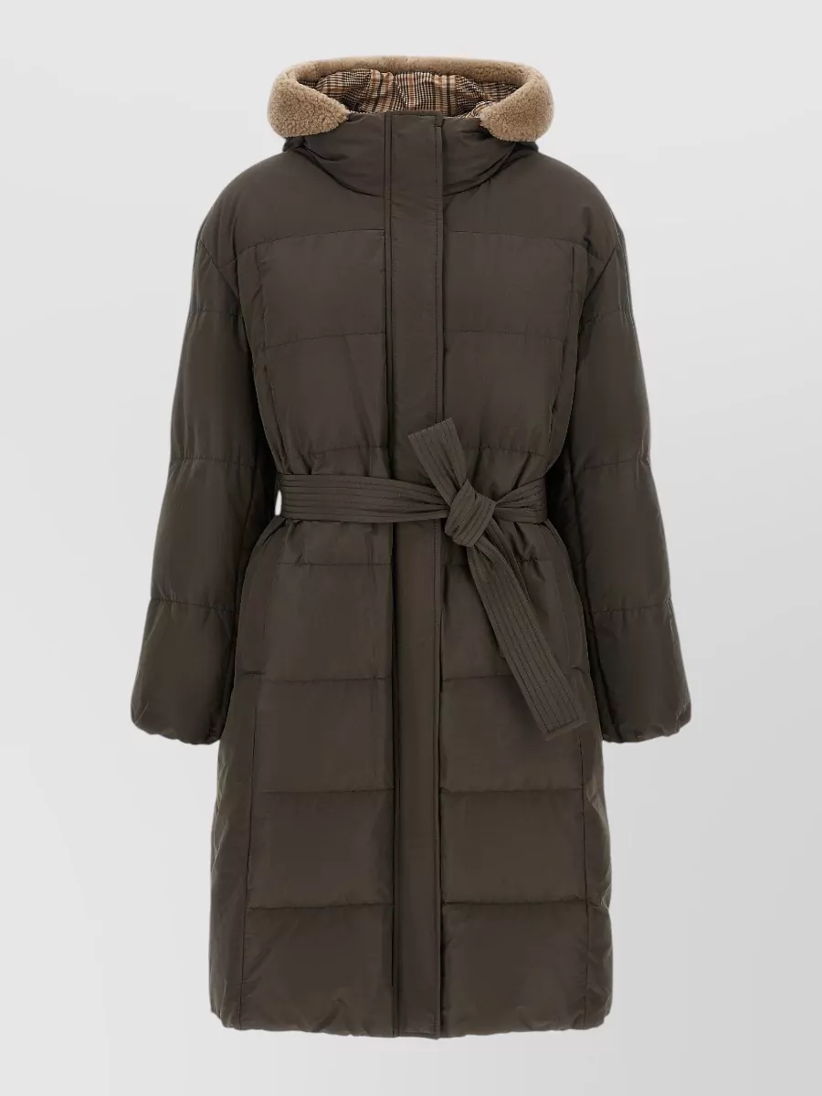 Brunello Cucinelli down quilted belted hooded parka coat