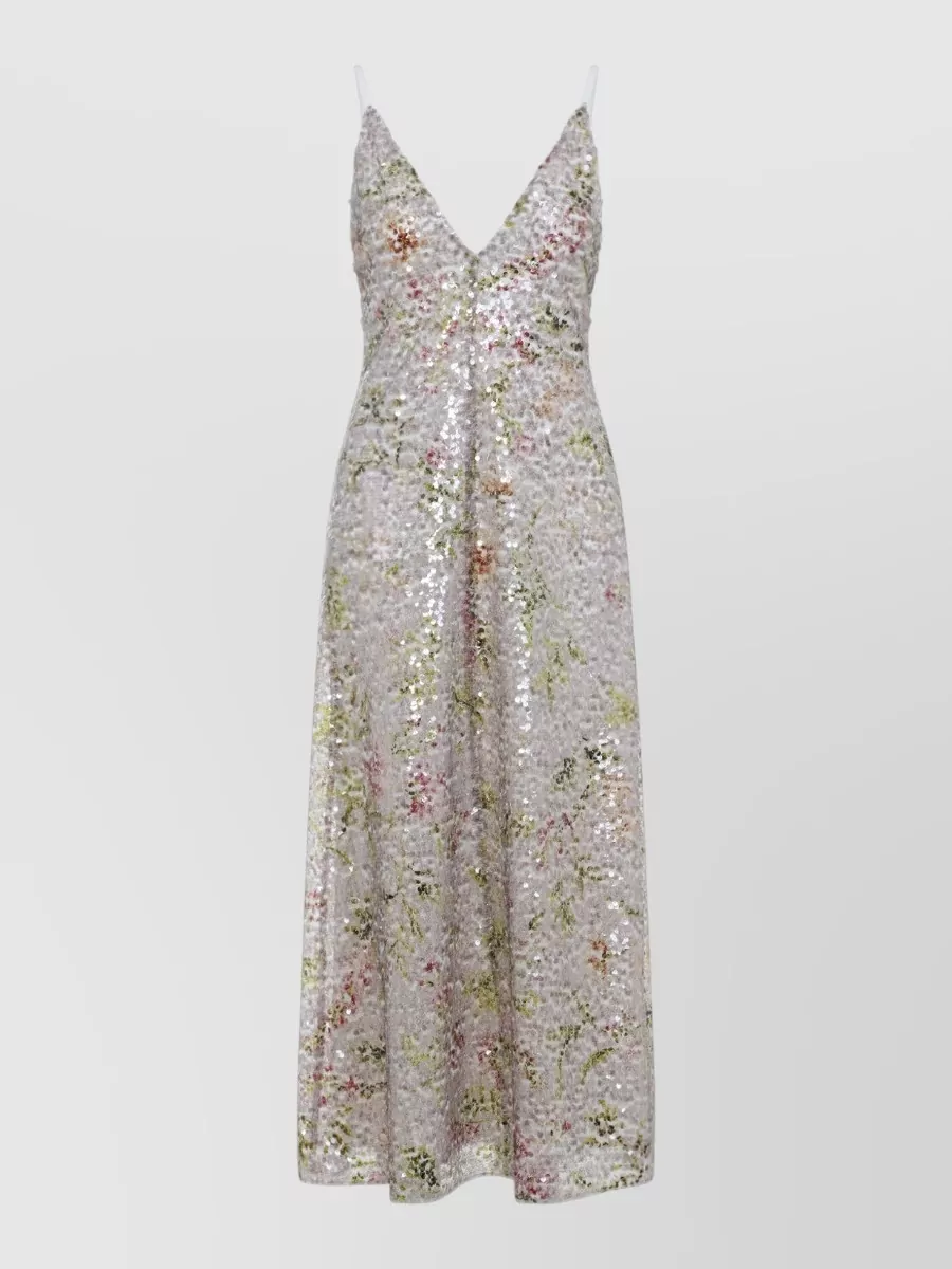 Alberta Ferretti Sequin Midi Dress Floral Pattern Straps
