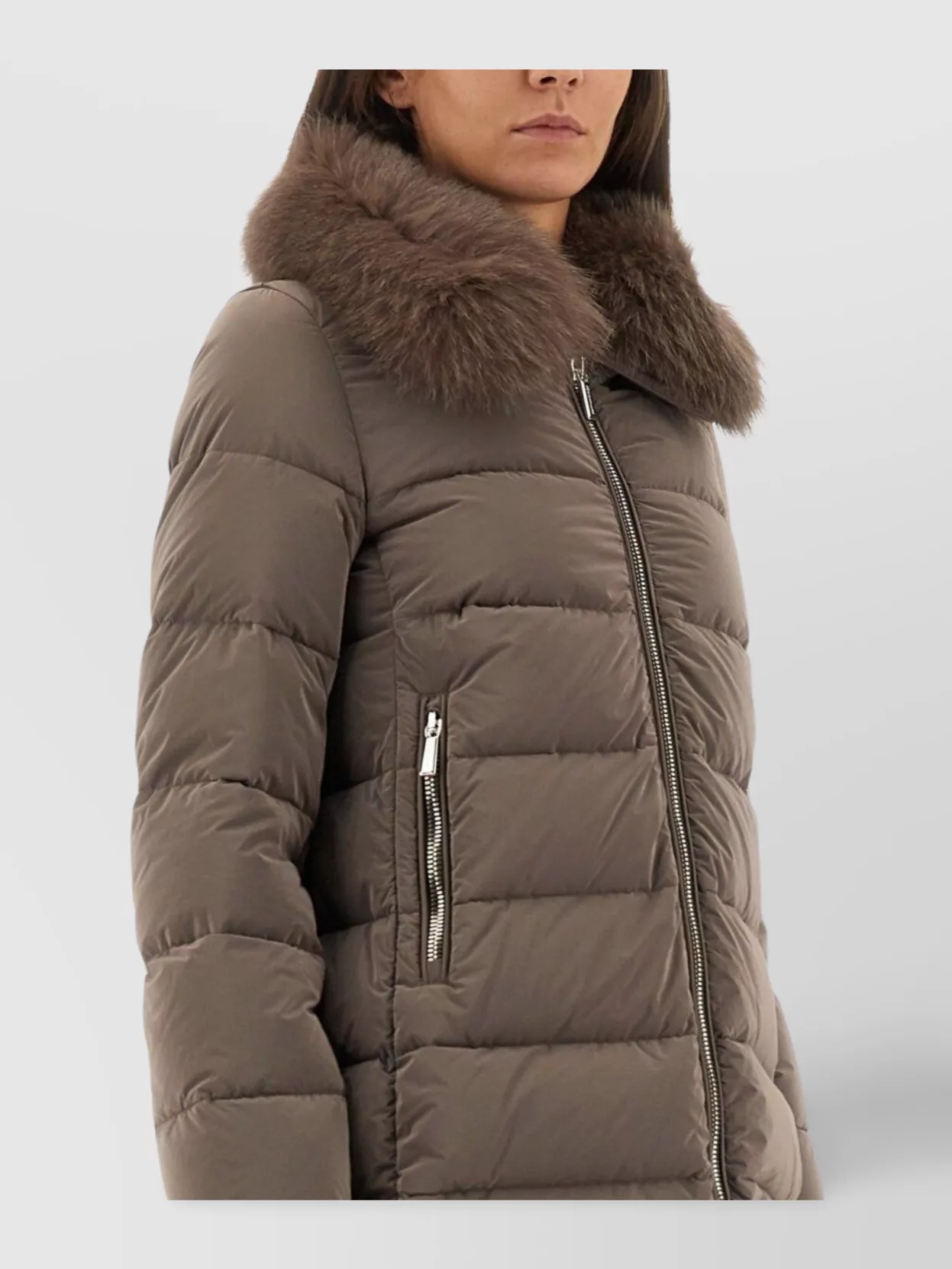 Moorer Long Padded Quilted Jacket With Fur Collar In Neutral
