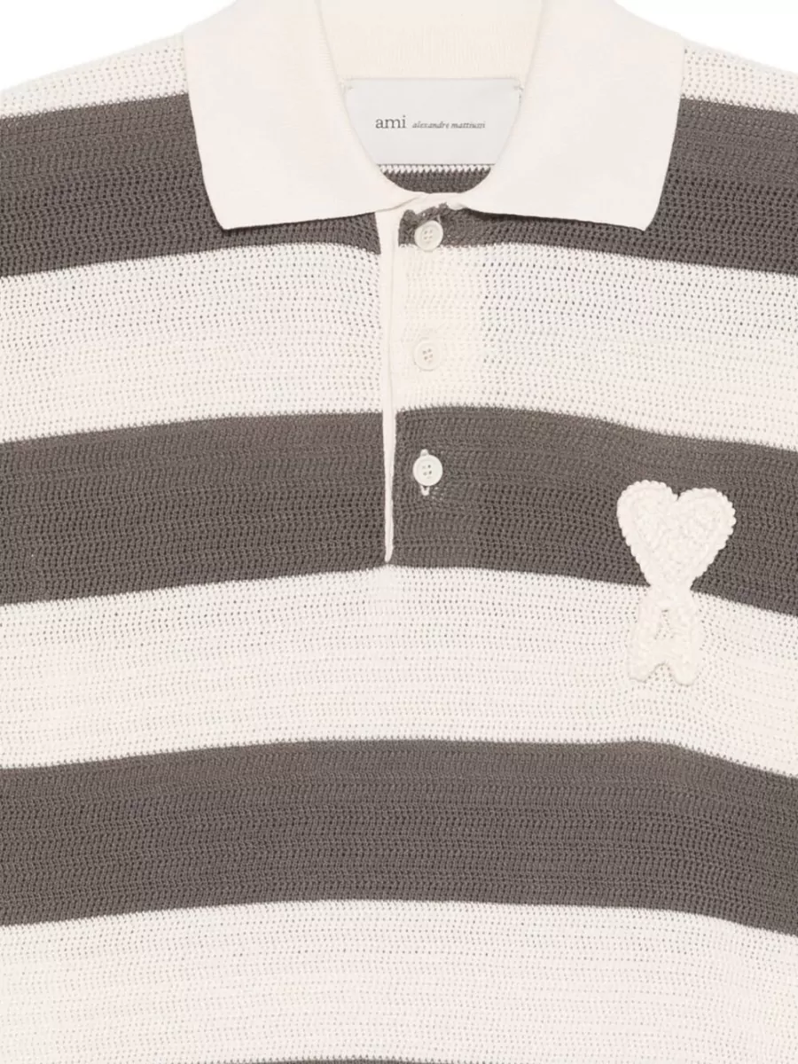 Ami Paris Striped Cotton Short-Sleeve Polo Shirt