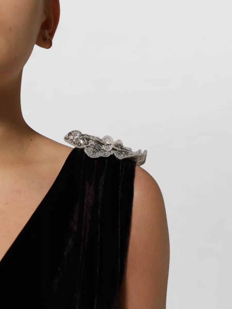 Dolce&Gabbana Velvet V-Neck Flower-Embellished A-Line Midi Dress