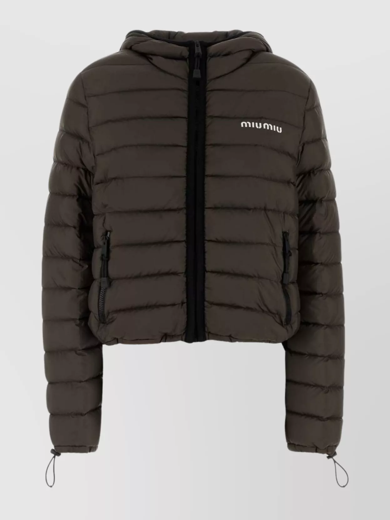 Miu Miu Down Jacket With Hood And Zip Pockets In Brown