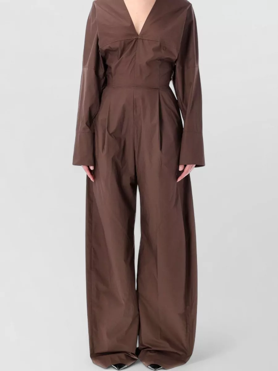 Thelatest Cotton V-Neck Long-Sleeve Wide-Leg Jumpsuit