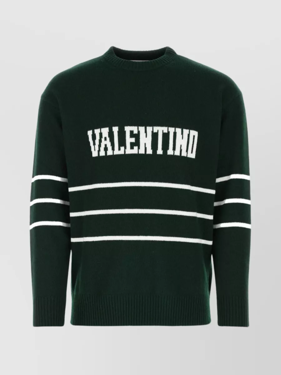 Shop Valentino Striped Embroidered Wool Sweater In Green