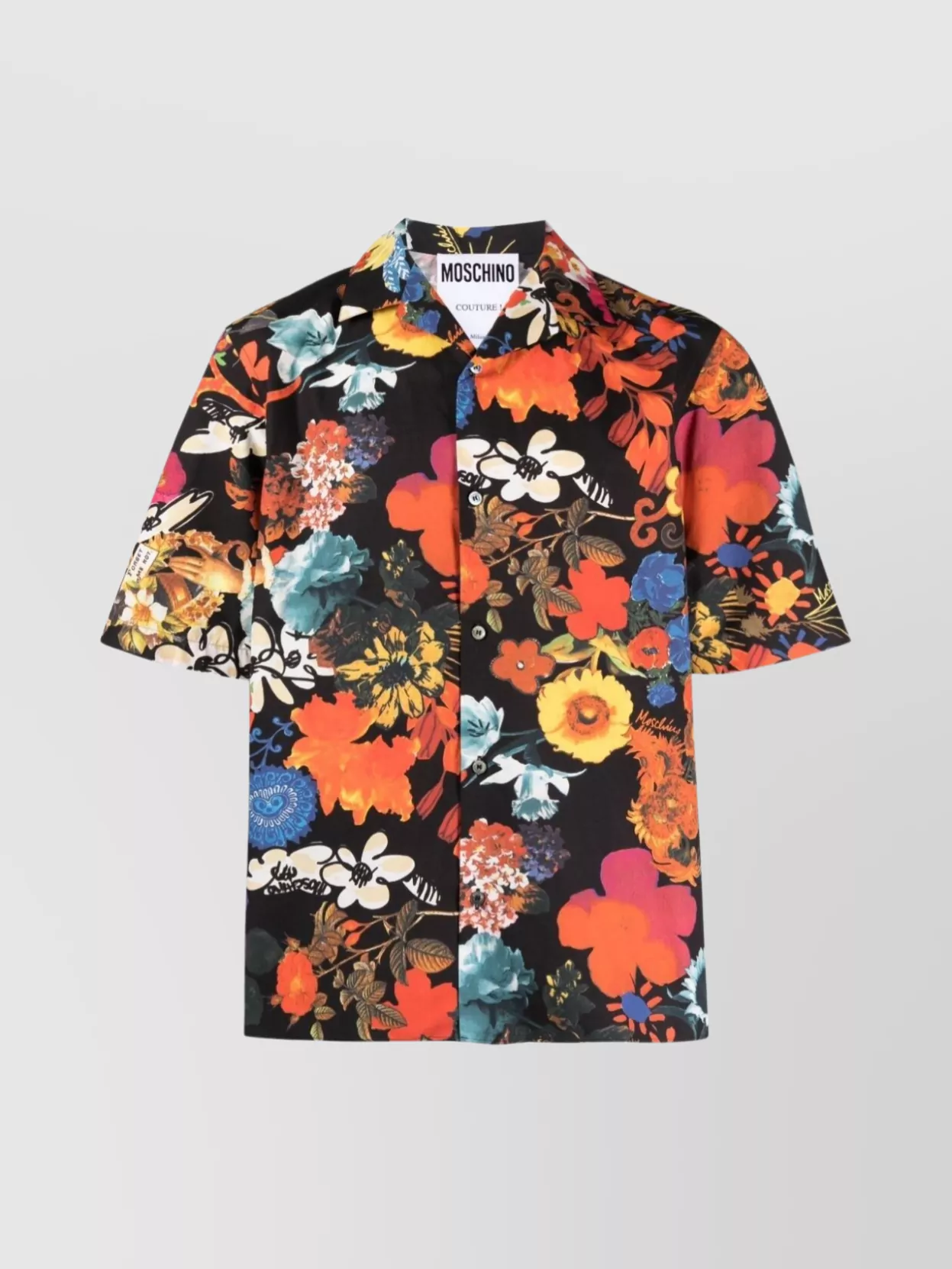 Shop Moschino Floral Print Camp Collar Shirt In Black