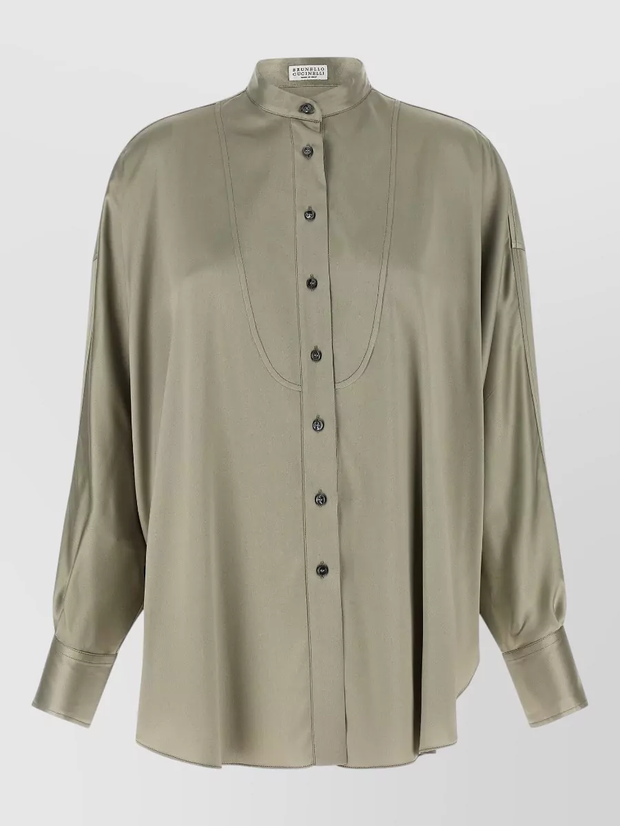Brunello Cucinelli silk satin mandarin collar long-sleeve shirt