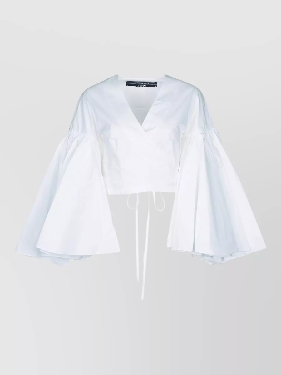 Jacquemus cotton cropped wrap v-neck long-sleeve blouse