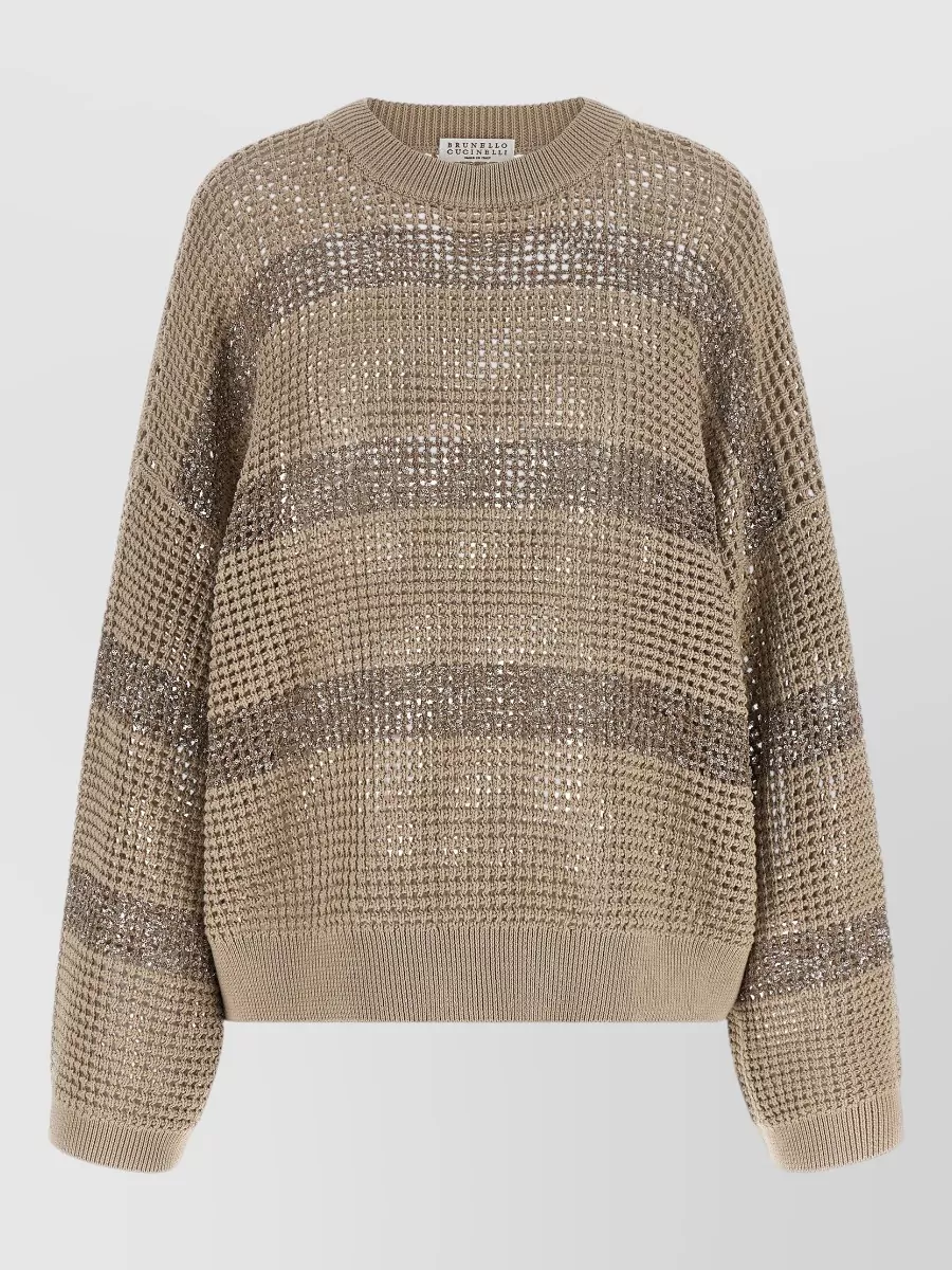 Brunello Cucinelli Cotton mesh sequin-embellished crew-neck 3/4-sleeve sweater