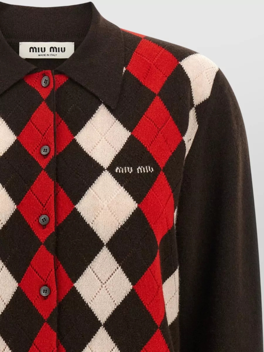 Miu Miu Cashmere Argyle Polo Collar Cardigan