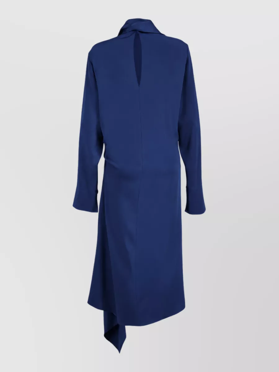 Stella Mccartney Satin Draped High Neck Long Sleeve Asymmetric Midi Dress