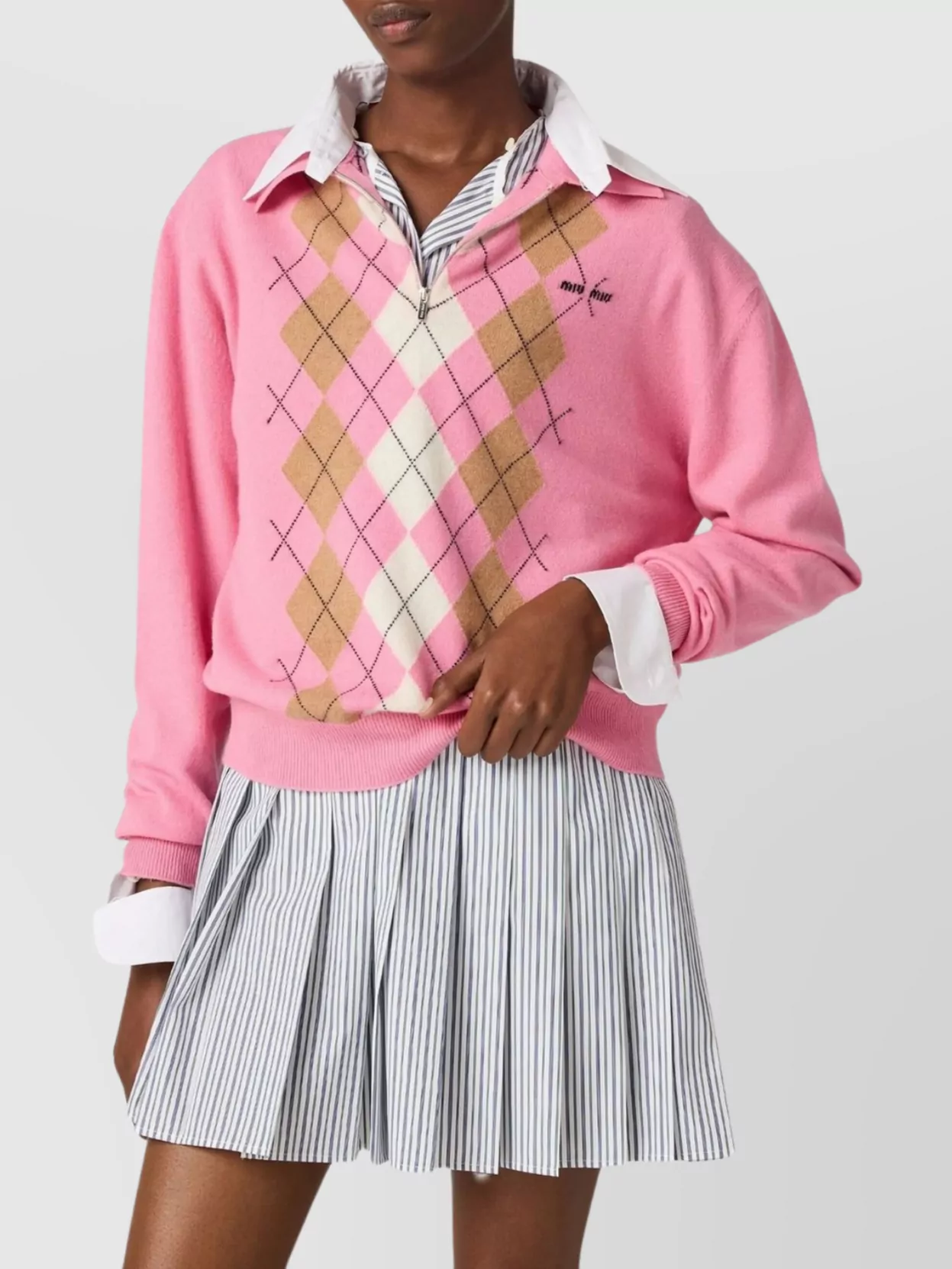 Miu Miu Argyle Pattern Polo With Ribbed Cuffs And Hem In Pink