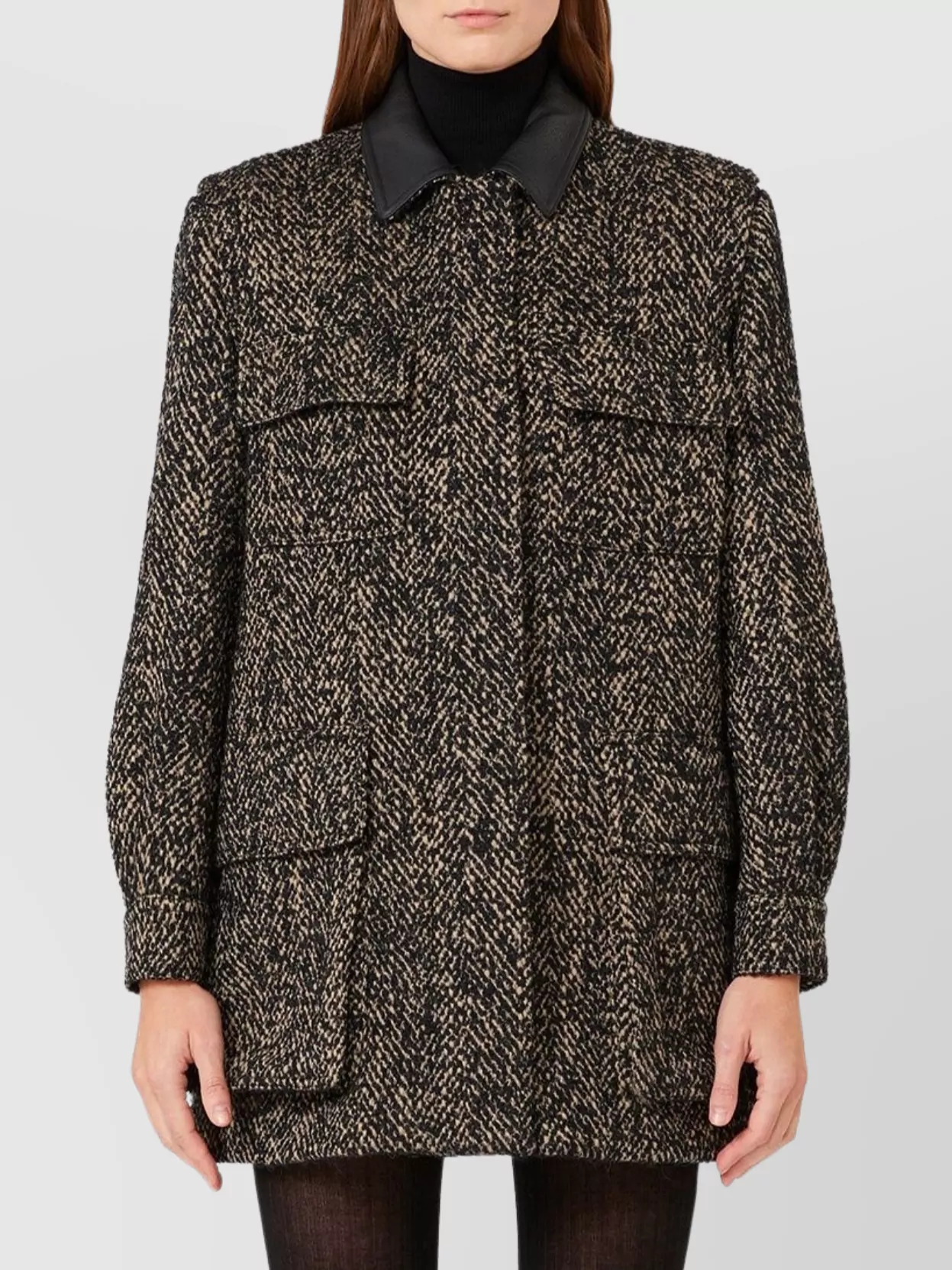 Max Mara Herringbone Pattern Wool Jacket With Leather Collar In Black
