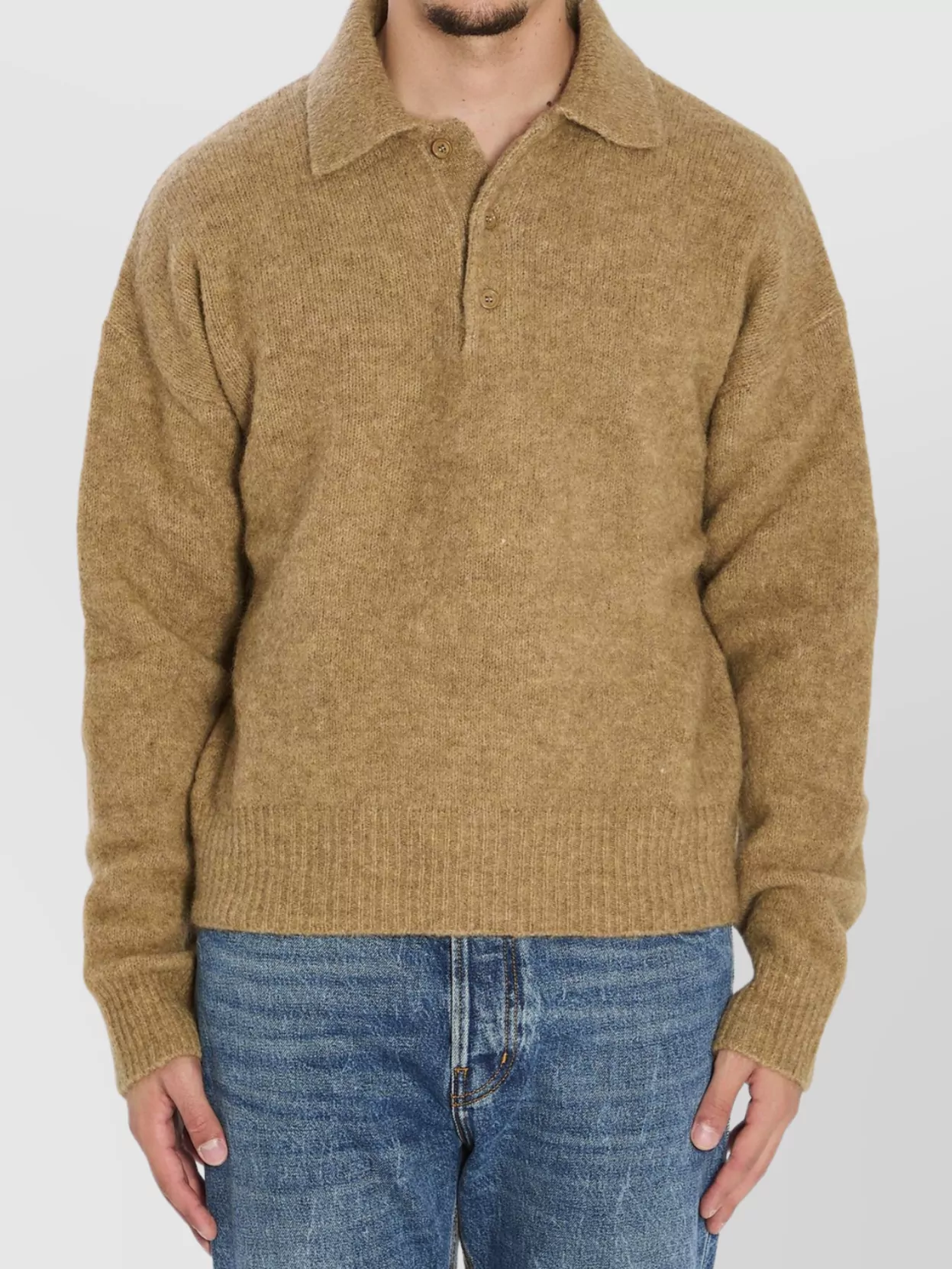 Ami Alexandre Mattiussi Alpaca And Wool Blend Long Sleeve Polo In Nude