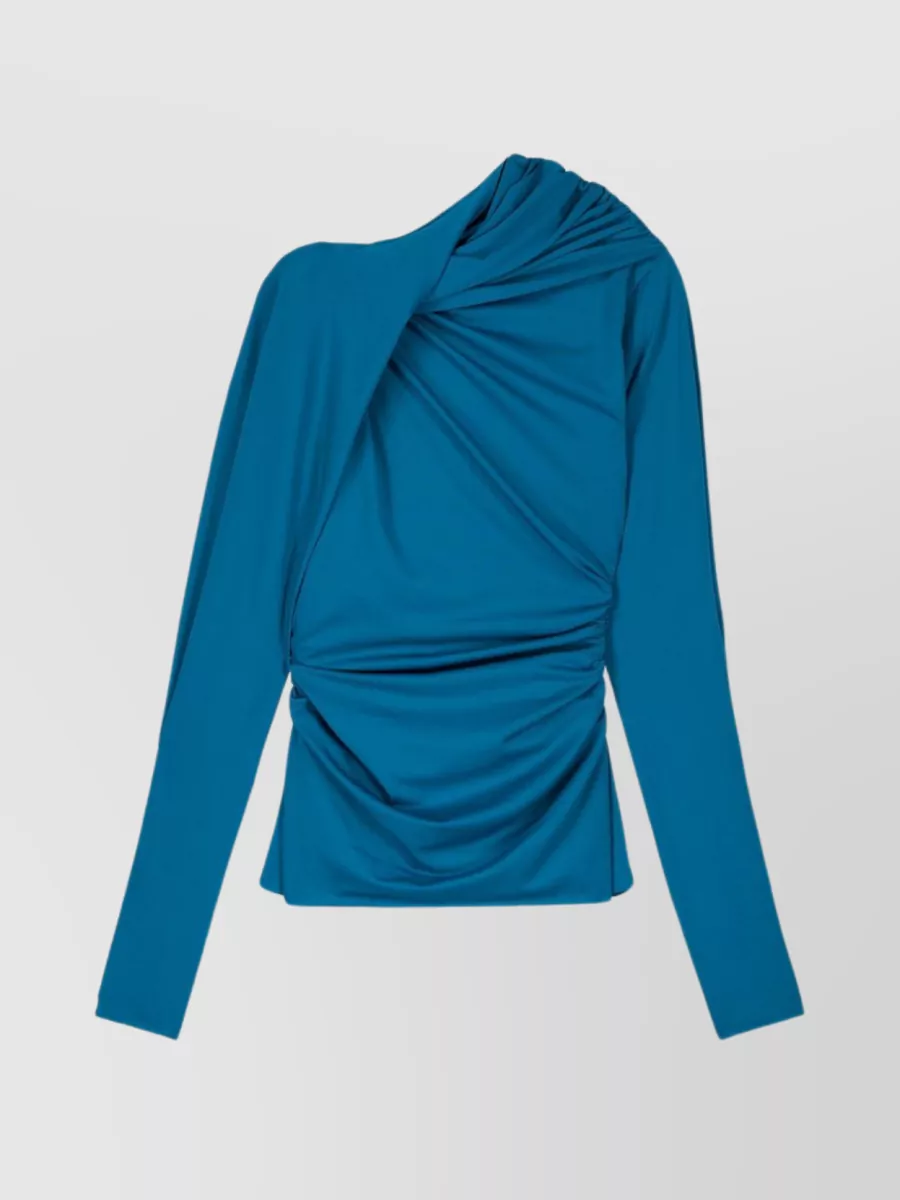 Shop Atlein Draped Gathered Long-sleeve Top In Blue