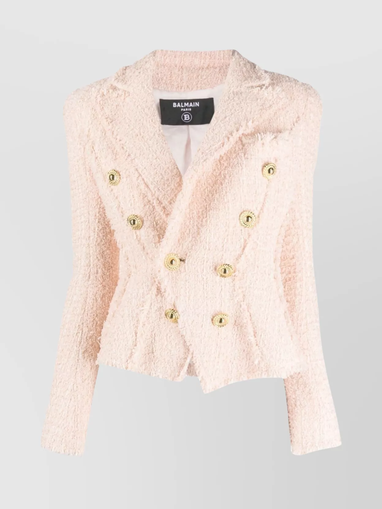 Shop Balmain Frayed Edges Double-breasted Tweed Jacket In Cream