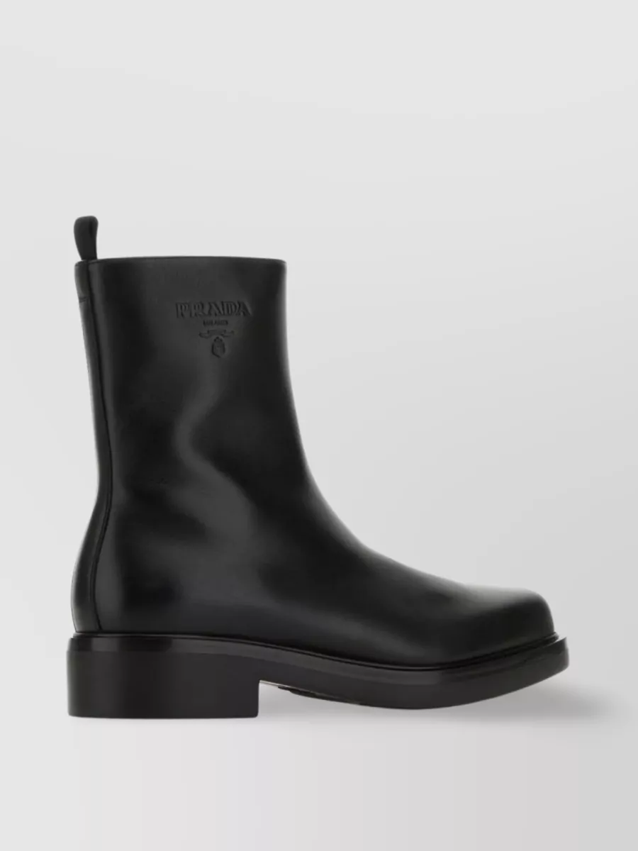 Shop Prada Squared Toe Leather Ankle Boots In Black