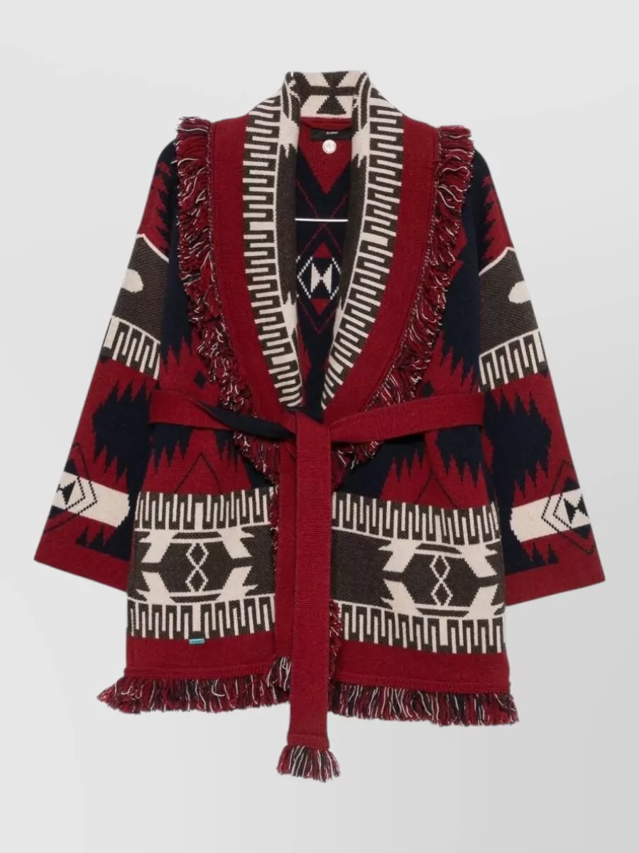 Alanui cashmere jacquard fringe belted cardigan