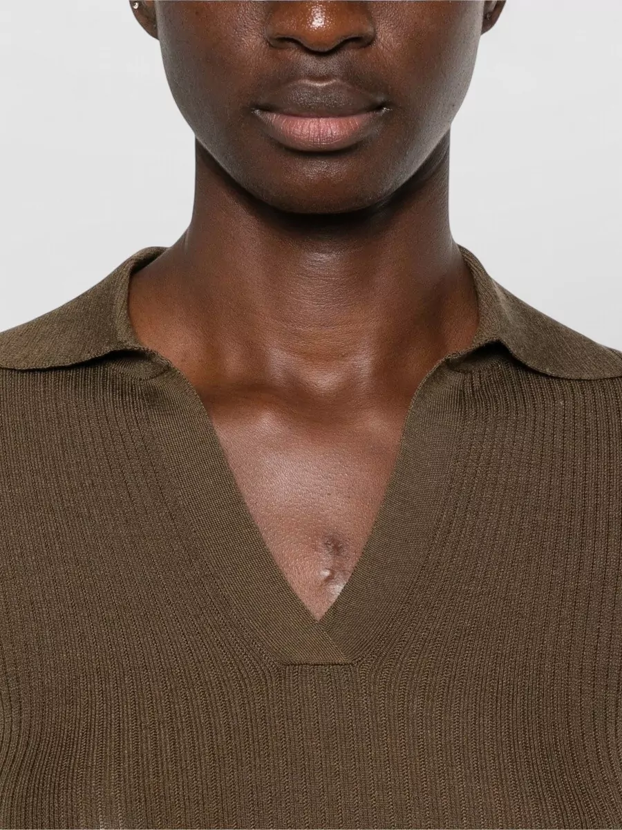 Max Mara Silk Cashmere Ribbed V-Neck Long-Sleeve Polo Shirt