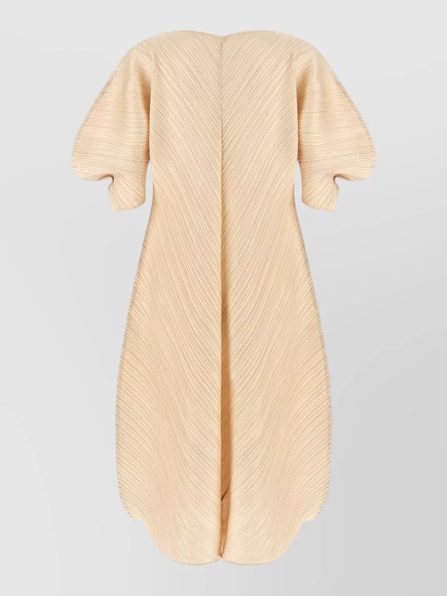 Pleats Please Issey Miyake Pleated V-Neck Short-Sleeve Balloon Midi Dress