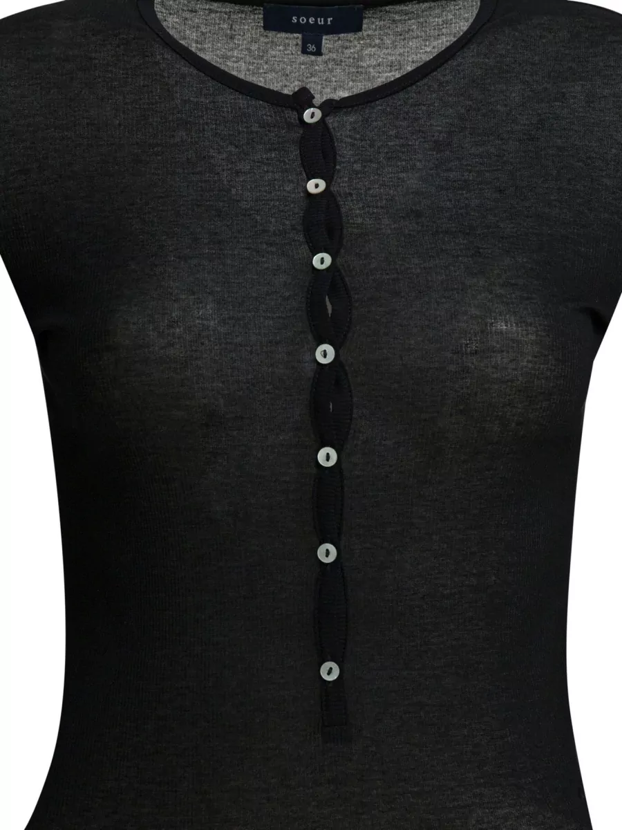 Soeur Long Sleeve Round Neck Sheer Button Top